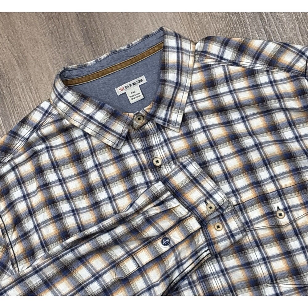 32 Bar Blues Shirt Mens XXL Plaid Flannel Cotton Long Sleeve White Blue Brown